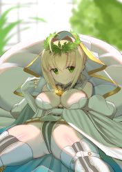 Rule 34 | 10s, 1girl, ahoge, bad anatomy, bare shoulders, belt, blonde hair, breasts, chain, chou shippai-saku, detached collar, detached sleeves, fate/extra, fate/extra ccc, fate/grand order, fate (series), gluteal fold, green eyes, highres, lock, lying, nero claudius (bride) (fate), nero claudius (bride) (third ascension) (fate), nero claudius (fate), nero claudius (fate) (all), on back, padlock, padlocked collar, puffy sleeves, smile, solo, spread legs, thighhighs, veil, wreath