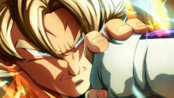 Rule 34 | 2boys, blonde hair, blue eyes, broonoart, close-up, commentary, dragon ball, dragonball z, electricity, english commentary, frieza, highres, male focus, multiple boys, punch catch, punching, serious, son goku, super saiyan, super saiyan 1