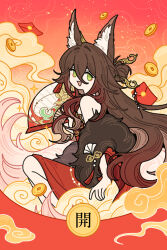 1girl absurdres animal_ear_fluff animal_ears brown_hair coin dress fox_ears fox_tail fugue_(honkai:_star_rail) fugue_(jiaduobao)_(honkai:_star_rail) fur_trim green_eyes hair_between_eyes hair_ornament hand_fan highres holding holed_coin hongbao honkai:_star_rail honkai_(series) long_hair looking_at_viewer open_mouth red_dress smile solo tail tingyun_(honkai:_star_rail) ukiing very_long_hair