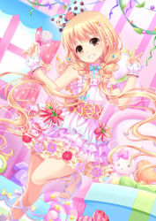 Rule 34 | 1girl, bare shoulders, blonde hair, blue bow, blush, bow, box, brown eyes, candy, commentary request, dress, fingernails, food, futaba anzu, gift, gift box, gold trim, grin, hair bow, head tilt, holding, holding candy, holding food, holding lollipop, idolmaster, idolmaster cinderella girls, idolmaster cinderella girls starlight stage, indoors, layered dress, lollipop, long hair, looking at viewer, low twintails, pastel colors, phone, pink dress, pleated skirt, polka dot, polka dot bow, purple footwear, sandals, skirt, sleeveless, sleeveless dress, smile, solo, standing, standing on one leg, striped, stuffed animal, stuffed rabbit, stuffed toy, swirl lollipop, toenails, twintails, vertical stripes, very long hair, villyane, window, wrist cuffs