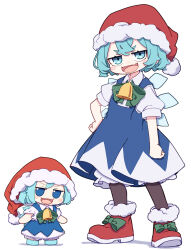 Rule 34 | 2girls, absurdres, bell, black pantyhose, blue dress, blue eyes, blue footwear, blue hair, blush stickers, cirno, collared shirt, detached wings, dress, dual persona, fairy, fang, full body, fumo (doll), hair between eyes, hat, highres, ice, ice wings, kame (kamepan44231), looking at viewer, multiple girls, neck bell, open mouth, pantyhose, pom pom (clothes), puffy short sleeves, puffy sleeves, red footwear, red headwear, santa hat, shirt, shoes, short hair, short sleeves, simple background, skin fang, smile, standing, touhou, white background, white shirt, wings