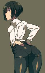 Rule 34 | 1girl, ass, belt, black hair, black pants, blue eyes, blush, breasts, brown background, cameltoe, em (totsuzen no hakike), from behind, kino (kino no tabi), kino no tabi, looking at viewer, looking back, open mouth, pants, pantylines, shiny clothes, shirt, short hair, simple background, small breasts, solo, white shirt