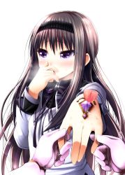 Rule 34 | 10s, 2girls, akemi homura, bad id, bad pixiv id, black hair, blush, breath, covering own mouth, disembodied tongue, face, female focus, fingernails, foreshortening, gloves, hairband, hand over mouth, hand over own mouth, heart, holding hands, kaname madoka, lens flare, licking, long hair, looking at viewer, magical girl, mahou shoujo madoka magica, mahou shoujo madoka magica (anime), multiple girls, open mouth, outstretched arm, purple eyes, reaching, saliva, simple background, soul gem, spoilers, star (symbol), tanno shii, tannoshi, tongue, uncommon stimulation, uniform, white background, yuri