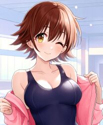 Rule 34 | 1girl, blue one-piece swimsuit, blush, breasts, brown hair, cleavage, commentary request, competition swimsuit, cropped, highres, honda mio, idolmaster, idolmaster cinderella girls, indoors, jacket, looking at viewer, medium breasts, one-piece swimsuit, one eye closed, open clothes, open jacket, pink jacket, popon ta, short hair, smile, solo, swimsuit, yellow eyes