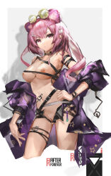 Rule 34 | 1girl, absurdres, afterforever, animal ears, arknights, armlet, artist name, bad id, bad pixiv id, breasts, cleft of venus, closed mouth, cropped legs, eyewear on head, gluteal fold, green-tinted eyewear, hand on own hip, highres, jacket, jewelry, lin (arknights), long hair, long sleeves, looking at viewer, medium breasts, mouse ears, navel, necklace, nipple bar, nipple piercing, nipples, no panties, official alternate costume, open clothes, open fly, open jacket, piercing, pink hair, purple eyes, purple jacket, pussy, solo, sunglasses, tinted eyewear, topless, uncensored, underboob, unzipped
