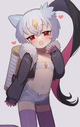 Rule 34 | 1girl, backpack, bag, black jacket, blush, child, colored inner hair, creatures (company), fangs, feet out of frame, flat chest, fur collar, game freak, hair between eyes, hair ornament, hand to own mouth, heart, highres, jacket, laughing, long sleeves, looking at viewer, multicolored hair, navel, nintendo, nukomota, open clothes, open jacket, personification, pokemon, pokemon legends: arceus, ponytail, purple thighhighs, red eyes, short shorts, shorts, side ponytail, silver hair, sleeves past wrists, sneasler, sneer, solo, strapless, thighhighs, tube top, two-tone hair, white background