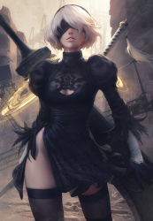 Rule 34 | 1girl, black dress, black gloves, black hairband, black thighhighs, blindfold, breasts, cleavage cutout, clothing cutout, dress, feathers, gloves, hairband, highres, large breasts, leotard, mole, mole under mouth, nier (series), nier:automata, parted lips, puffy sleeves, short hair, silver hair, solo, stanley lau, sword, thighhighs, turtleneck, weapon, white leotard, 2b (nier:automata)