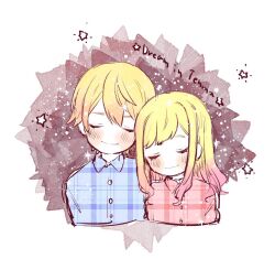 Rule 34 | 1boy, 1girl, blonde hair, blue shirt, blush, brother and sister, buttons, character name, closed eyes, closed mouth, collared shirt, commentary, double-parted bangs, english text, facing viewer, gradient hair, grey background, hair down, leaning, leaning on person, medium hair, multicolored background, multicolored hair, orange hair, pink hair, pink shirt, plaid, plaid shirt, poppu usagi, project sekai, shirt, short hair, siblings, sketch, smile, star (symbol), swept bangs, tenma saki, tenma tsukasa, unmoving pattern, upper body, wavy hair, white background