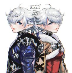 Rule 34 | 1boy, 1girl, alisaie leveilleur, alphinaud leveilleur, androgynous, blue eyes, brother and sister, earrings, elezen, elf, final fantasy, final fantasy xiv, grey hair, jewelry, long sleeves, looking at viewer, morino bambi, pointy ears, short hair, siblings, smile
