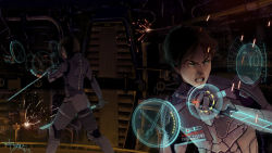Rule 34 | 1boy, 1girl, armor, black hair, body armor, bodysuit, brown hair, cockpit, crossover, drivesuit, dual wielding, eren yeager, gradient background, highres, holding, holographic interface, legendary pictures, mikasa ackerman, pacific rim, pan pacific defense corps, shingeki no kyojin, short hair