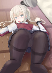 Rule 34 | 10s, 1girl, absurdres, all fours, ass, blonde hair, blush, capelet, embarrassed, from behind, graf zeppelin (kancolle), grey eyes, hat, unworn hat, unworn headwear, highres, kantai collection, long hair, looking at viewer, looking back, open mouth, panties, panties under pantyhose, pantyhose, raichi (yuriya003), skirt, solo, twintails, underwear, upskirt