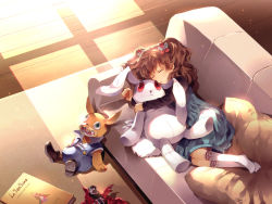 Rule 34 | 1girl, action figure, book, brown hair, rabbit, cage -close-, couch, dress, hair ornament, highres, image comics, long hair, pillow, sleeping, solo, spawn, spawn (spawn), stuffed animal, stuffed toy, sunakumo
