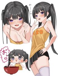 Rule 34 | 1girl, black hair, black skirt, blush, breasts, camisole, cleavage, hair ornament, hairclip, highres, ia 1928, mesugaki, multiple views, nijisanji, open mouth, purple eyes, skirt, small breasts, tsukino mito, twintails, virtual youtuber, yellow camisole