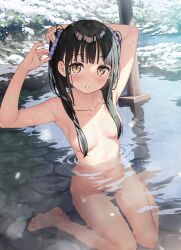 Rule 34 | 1girl, armpits, arms up, barefoot, bathing, black hair, blush, breasts, brown eyes, collarbone, commentary request, completely nude, convenient censoring, detexted, feet, hair censor, hair ornament, hair over breasts, hair scrunchie, highres, kantoku, long hair, looking at viewer, medium breasts, nagisa (kantoku), navel, nude, onsen, original, outdoors, parted lips, partially submerged, purple scrunchie, scrunchie, sidelocks, sitting, snow, solo, third-party edit, two side up, tying hair, wariza, water, wet, winter