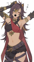 Rule 34 | 1girl, ahoge, animal ears, arm armor, armlet, arms up, belt, black shorts, blonde hair, blue eyes, brown hair, cape, colored inner hair, commentary request, cowboy shot, criss-cross halter, crossed bangs, dark-skinned female, dark skin, dehya (genshin impact), earrings, genshin impact, hair between eyes, hair ears, halterneck, highres, jewelry, long hair, multicolored hair, multiple belts, one eye closed, open mouth, pants, red cape, shorts, signature, simple background, solo, squeans, teeth, thigh strap, torn clothes, torn pants, translation request, white background, yawning, yyam o