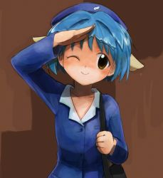 Rule 34 | 00s, 1girl, ;), animal ears, bad id, bad pixiv id, blue hair, flat chest, galaxy angel, hat, looking at viewer, mint blancmanche, nyama, one eye closed, short hair, simple background, smile, solo, wink, yellow eyes
