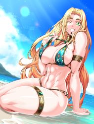 Rule 34 | 1girl, abs, absurdres, armlet, beach, bikini, bikini pull, blonde hair, breasts, clothes pull, fate/grand order, fate (series), gem, green eyes, highres, large breasts, long hair, muscular, muscular female, navel, ocean, one eye closed, quetzalcoatl (fate), swimsuit, thigh strap, toned, zantyarz