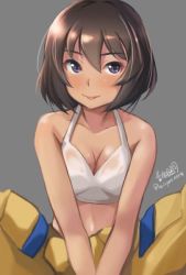 Rule 34 | 10s, 1girl, :p, alternate eye color, artist name, bad id, bad twitter id, blue eyes, breasts, brown hair, cleavage, closed mouth, clothes pull, commentary request, dark-skinned female, dark skin, girls und panzer, grey background, haruhata mutsuki, hoshino (girls und panzer), indian style, jumpsuit, looking at viewer, mechanic, medium breasts, orange jumpsuit, shirt, shirt pull, short hair, signature, simple background, sitting, smile, solo, sports bra, tied shirt, tongue, tongue out, twitter username, v arms