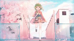 Rule 34 | 1girl, antennae, bag, bow, bowtie, building, cherry blossoms, commentary, day, eyewear on head, falling petals, fence, flower, glasses, green eyes, green hair, green sweater, gumi, highres, jacket, kneehighs, leg up, looking at viewer, mary janes, miniskirt, open mouth, outdoors, petals, pink bow, pink bowtie, pink flower, pink jacket, plaid, plaid skirt, pleated skirt, red-framed eyewear, sakakidani, shoes, shoulder bag, skirt, smile, socks, solo, spring (season), sweater, tree, uniform, vocaloid, walking, white socks
