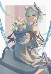 Rule 34 | 1girl, animal ear fluff, animal ears, arknights, bare shoulders, blunt bangs, bouquet, cat ears, closed mouth, coat, flower, from side, green eyes, hair intakes, highres, holding, holding bouquet, kal&#039;tsit (arknights), long sleeves, looking at viewer, looking to the side, off shoulder, open clothes, open coat, rinne0611, see-through, short hair, silver hair, smile, solo, white coat, white flower
