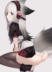 Rule 34 | 1girl, absurdres, animal ears, arknights, ass, black footwear, black thighhighs, commentary request, fox ears, fox tail, frostleaf (arknights), grey background, hairband, headphones, highres, implied extra ears, lace trim, long hair, looking at viewer, parted lips, partial commentary, puffy short sleeves, puffy sleeves, red eyes, shoes, short sleeves, silver hair, simple background, sitting, solo, tail, tamafurin, thighhighs, thighs, wariza