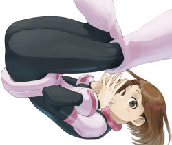 Rule 34 | 1girl, absurdres, ass, belt, blue bodysuit, blush stickers, bodysuit, boku no hero academia, boots, brown eyes, brown hair, fengling (furin-jp), floating, hands up, high heel boots, high heels, highres, looking at viewer, multicolored bodysuit, multicolored clothes, own hands together, pink bodysuit, short hair, sidelocks, simple background, solo, superhero costume, thighs, uraraka ochako, white background