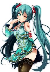 Rule 34 | 1girl, aqua eyes, arm behind back, bare shoulders, black thighhighs, blush, china dress, chinese clothes, cleavage cutout, clothing cutout, detached sleeves, dress, emerald (module), green dress, hand on own cheek, hand on own face, hatsune miku, highres, lace, lace-trimmed legwear, lace trim, long hair, long sleeves, looking at viewer, one eye closed, panties, project diva (series), side-tie panties, simple background, solo, standing, suigyoku (module), thighhighs, tsukishiro saika, twintails, underwear, vocaloid, white background