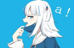 Rule 34 | !, 1girl, a (phrase), blue background, blue eyes, blue hair, gawr gura, hair ornament, highres, hololive, hololive english, jacket, light blush, mask pull, multicolored hair, open clothes, open jacket, shark hair ornament, silver hair, streaked hair, teeth, tongue, upper teeth only, vampire (vocaloid), virtual youtuber, vocaloid, yozakura0126