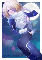Rule 34 | 1girl, absurdres, androgynous, ass, bandages, blonde hair, bodysuit, cloud, full moon, highres, looking at viewer, mask, moon, nintendo, red eyes, reverse trap, sheik, short hair, simple background, solo, supure647, the legend of zelda, the legend of zelda: ocarina of time, turban