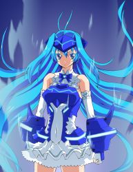 Rule 34 | 1girl, antenna hair, armor, armored dress, bare shoulders, blue eyes, blue hair, bow, bowtie, clenched hand, dress, elbow gloves, female focus, fingerless gloves, floating hair, futaba aoi (vividred operation), gauntlets, gloves, hair between eyes, headgear, highres, long hair, looking at viewer, matching hair/eyes, ozaneko, serious, solo, standing, thigh gap, very long hair, vividblue, vividred operation
