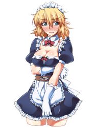 Rule 34 | 1girl, alternate costume, apron, bad id, bad twitter id, blonde hair, blush, bow, bowtie, breast hold, breasts, cleavage, cowboy shot, cropped legs, detached collar, embarrassed, enmaided, gloves, green eyes, large breasts, maid, maid apron, maid headdress, miniskirt, mizuhashi parsee, ootsuki wataru, pointy ears, puffy short sleeves, puffy sleeves, short hair, short sleeves, skirt, solo, touhou, transparent background, waist apron, white gloves