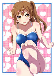 Rule 34 | 10s, 1girl, :d, barefoot, brown eyes, brown hair, chuunibyou demo koi ga shitai!, competition school swimsuit, feet, hair ornament, hairclip, long hair, nibutani shinka, noa p, one-piece swimsuit, one side up, open mouth, school swimsuit, side ponytail, smile, soles, solo, swimsuit, toes