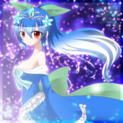 Rule 34 | 1girl, blue dress, blue hair, bow, breasts, creatures (company), dress, earrings, flower, frills, game freak, gem, gen 2 pokemon, gown, hair bow, hair flower, hair ornament, highres, jewelry, jumpluff, long hair, looking at viewer, looking to the side, nintendo, personification, pokemon, ponytail, red eyes, shiratsuki (royal moon), smile, solo, strapless, strapless dress