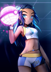 Rule 34 | 1girl, bare shoulders, black gloves, blue eyes, blue hair, blue shorts, blush, breasts, closed mouth, commentary request, cowboy shot, creatures (company), dark-skinned female, dark skin, dynamax ball, ear piercing, earrings, forehead, game freak, gloves, glowing, gym leader, highres, holding, holding poke ball, hoop earrings, jewelry, long hair, looking at viewer, midriff, multicolored hair, navel, nessa (pokemon), nintendo, partially fingerless gloves, piercing, poke ball, pokemon, pokemon swsh, prophosphere, purple hair, short shorts, shorts, single glove, small breasts, solo, two-tone hair