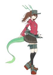 Rule 34 | 1girl, brown eyes, brown hair, dragon girl, dragon horns, dragon tail, flat chest, full body, highres, horns, japanese clothes, kantai collection, kariginu, magatama, nito (nshtntr), rigging, ryuujou (kancolle), solo, standing, tail, twintails, visor cap