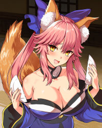 Rule 34 | 1girl, :d, animal ear fluff, animal ears, blush, bow, breasts, broken, broken plate, cleavage, detached collar, fang, fate/extra, fate (series), fox ears, fox tail, hair bow, highres, holding, japanese clothes, kimono, kojima saya, large breasts, long hair, long sleeves, looking at viewer, open mouth, pink hair, plate, purple bow, purple kimono, smile, solo, tail, tamamo (fate), tamamo no mae (fate/extra), twintails, wide sleeves, yellow eyes