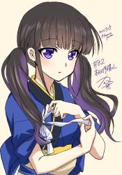 Rule 34 | 1girl, 2022, artist self-insert, black hair, blue dress, blue kimono, blush, dated, dress, highres, inoue takina, japanese clothes, kanna (plum), kimono, long hair, looking at viewer, lycoris recoil, multicolored hair, numbered, open mouth, purple eyes, signature, simple background, streaked hair, twintails, waitress