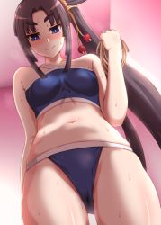 Rule 34 | &gt;:), 1girl, bare arms, bare shoulders, bikini, blue bikini, blue eyes, blush, breasts, bright pupils, closed mouth, collarbone, commentary request, fate/grand order, fate (series), from below, gluteal fold, hair ornament, holding, holding rope, ikue fuuji, long hair, looking at viewer, looking down, navel, parted bangs, ponytail, rope, sidelocks, single strap, small breasts, solo, stained clothes, stomach, sweat, swimsuit, thick eyebrows, thighs, ushiwakamaru (fate), ushiwakamaru (fate/grand order), ushiwakamaru (swimsuit assassin) (fate), ushiwakamaru (swimsuit assassin) (first ascension) (fate), v-shaped eyebrows, very long hair
