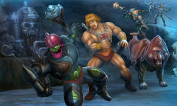 Rule 34 | 5boys, armor, battle, battle cat, blonde hair, boots, castle, castle grayskull, chris-akira, cyborg, damaged, electricity, fantasy, he-man, helmet, hood, hook, mace, male focus, man-at-arms, masters of the universe, multiple boys, outdoors, punching, ram man, science fiction, screw, shouting, skeletor, skull, spikes, staff, trap-jaw, weapon, wrist guards