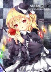 Rule 34 | 1girl, :p, alternate costume, apple, black dress, black ribbon, blonde hair, blush, bow, checkered background, dress, flandre scarlet, food, fruit, glowing, glowing wings, gothic lolita, hat, hat ribbon, holding, holding food, holding fruit, layered dress, lolita fashion, long sleeves, looking at viewer, mimi (mimi puru), neck ribbon, puffy long sleeves, puffy sleeves, red apple, red eyes, ribbon, short hair, side ponytail, smile, solo, tongue, tongue out, touhou, white bow, wide sleeves, wings