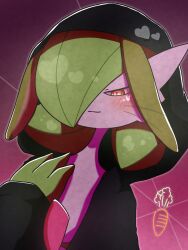 Rule 34 | 1girl, :3, black jacket, blush, bob cut, carrot, closed mouth, clothed pokemon, colored skin, creatures (company), female focus, flat chest, game freak, gardevoir, gen 3 pokemon, gradient background, green hair, green skin, hair over one eye, half-closed eyes, hand on own chest, hand up, heart, highres, hood, hood up, hooded jacket, jacket, kemonomimi mode, multicolored skin, nintendo, one eye covered, open clothes, open jacket, pokemon, pokemon (creature), purple background, rabbit ears, rabbit girl, red eyes, ringed eyes, short hair, solo, standing, two-tone skin, upper body, whiskers, white skin, yuri (fl0werspace)
