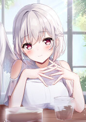 Rule 34 | 1girl, blush, closed mouth, cup, feathered wings, grey hair, kishin sagume, looking at viewer, niko kusa, red eyes, shirt, short hair, short sleeves, single wing, smile, solo, touhou, white shirt, white wings, wings