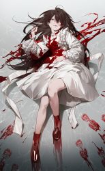 Rule 34 | 1girl, absurdres, blood, blood on clothes, blood on face, blood stain, bloody clothes, bloody dress, brown eyes, brown hair, commentary, dress, footprints, full body, highres, long hair, long sleeves, lying, nea (nongta2002), on back, original, red footwear, shoes, solo, symbol-only commentary, tongue, tongue out, white dress