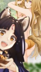Rule 34 | 2girls, :d, animal ears, arknights, arms up, ass, bathing, black hair, blurry, bowl, brown hair, ceobe (arknights), commentary request, depth of field, dog ears, dog girl, dog tail, facial mark, food, forehead mark, hand in own hair, holding, holding bowl, long hair, looking at viewer, multiple girls, nude, open mouth, photobomb, red eyes, saga (arknights), smile, sparkle, tail, yokaze (yokajie)
