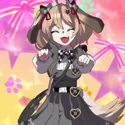 Rule 34 | 1girl, ahoge, animal ears, animated, biscuit (nikke), black dress, bone hair ornament, bow, bowtie, breasts, checkered bow, checkered bowtie, checkered clothes, collared shirt, dog ears, dog girl, dog tail, dress, dress shirt, fangs, goddess of victory: nikke, hair ornament, heart, heart-shaped ornament, heart hair ornament, light brown hair, lowres, medium breasts, medium hair, parody, precure, shirt, solo, syope, tagme, tail, video, white shirt, wonderful precure!
