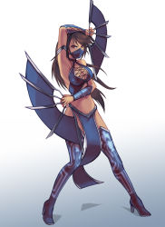 Rule 34 | 1girl, armlet, between fingers, black hair, blue thighhighs, boots, breasts, cleavage, cleavage cutout, clothing cutout, fighting stance, folding fan, full body, groin, half mask, hand fan, high heel boots, high heels, highres, holding, hybridmink, kitana, long hair, mask, midway, mortal kombat (series), mortal kombat (series), mortal kombat 9, navel, ninja, red eyes, solo, standing, thigh boots, thighhighs