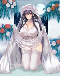 Rule 34 | 1girl, absurdres, azuma (azur lane), azuma (lily-white longing) (azur lane), azur lane, breasts, bridal veil, bride, choker, cleavage, clothes lift, dress, flower, garter straps, gloves, highres, huge breasts, leotard, leotard under clothes, long hair, looking at viewer, official alternate costume, oza osuwari, purple hair, red flower, red rose, rose, see-through, see-through dress, skirt, skirt hold, skirt lift, solo, thighhighs, toe seam, veil, wedding dress, white choker, white flower, white gloves, white leotard, white rose, white thighhighs