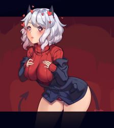 Rule 34 | 1girl, black jacket, blush, breasts, commentary request, demon girl, heart, heart-shaped pupils, helltaker, highres, horns, jacket, large breasts, looking at viewer, medium hair, modeus (helltaker), red eyes, red sweater, ribbed sweater, solo, sweater, symbol-shaped pupils, tail, tomathao, white hair