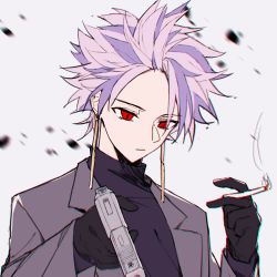 Rule 34 | 1boy, :|, black gloves, chinese commentary, chromatic aberration, cigarette, closed mouth, earrings, eyes visible through hair, gloves, grey jacket, gun, hand up, highres, holding, holding cigarette, holding gun, holding weapon, jacket, jewelry, kino kazumi, long sleeves, male focus, multicolored hair, pink hair, purple hair, purple sweater, red eyes, saibou shinkyoku, short hair, solo, spiked hair, suit jacket, sweater, theodore riddle, turtleneck, turtleneck sweater, two-tone hair, weapon, white background