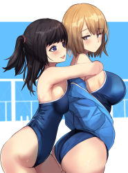 Rule 34 | 2girls, ass, blonde hair, blue jacket, blush, breast press, breasts, breath, brown hair, commentary request, competition school swimsuit, from side, hair tie, highres, hug, jacket, jacket over swimsuit, large breasts, medium hair, mole, mole on breast, multiple girls, one-piece swimsuit, open mouth, original, outside border, purple eyes, school swimsuit, short hair, side ponytail, sideboob, swimsuit, thighs, untue, yellow eyes